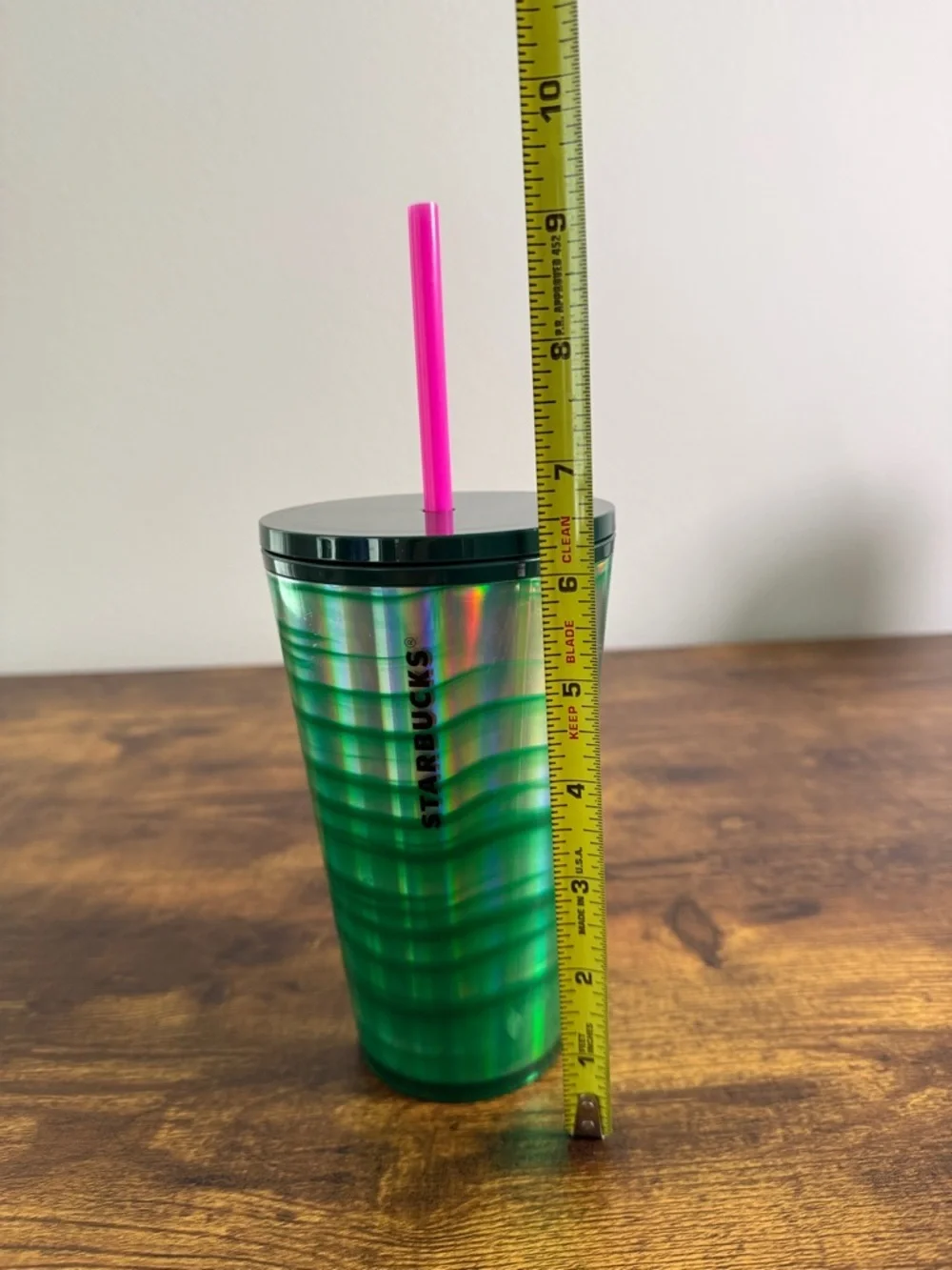 NWT Starbucks Iridescent Green Tumbler with Pink Straw and Black Lid, 14 Oz
